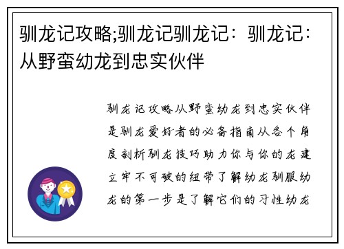 驯龙记攻略;驯龙记驯龙记：驯龙记：从野蛮幼龙到忠实伙伴